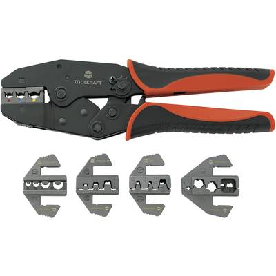Verktygsång från Toolcraft med utbytbara kläminsatser. Innehåller fyra olika tillsatser för crimpning av olika kabeltyper.