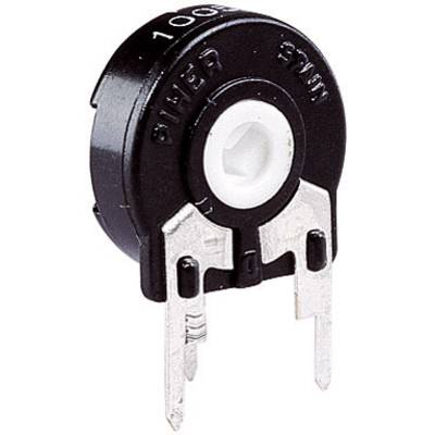 En svart, rund potentiometer med två metalliska stift, avsedd för justering av elektriska motstånd, på vit bakgrund.