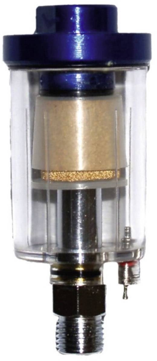 En transparent luftfilter med blå lock, metallkoppling nedtill och ett filterelement inuti, avsedd för rengöring av luftkanaler.