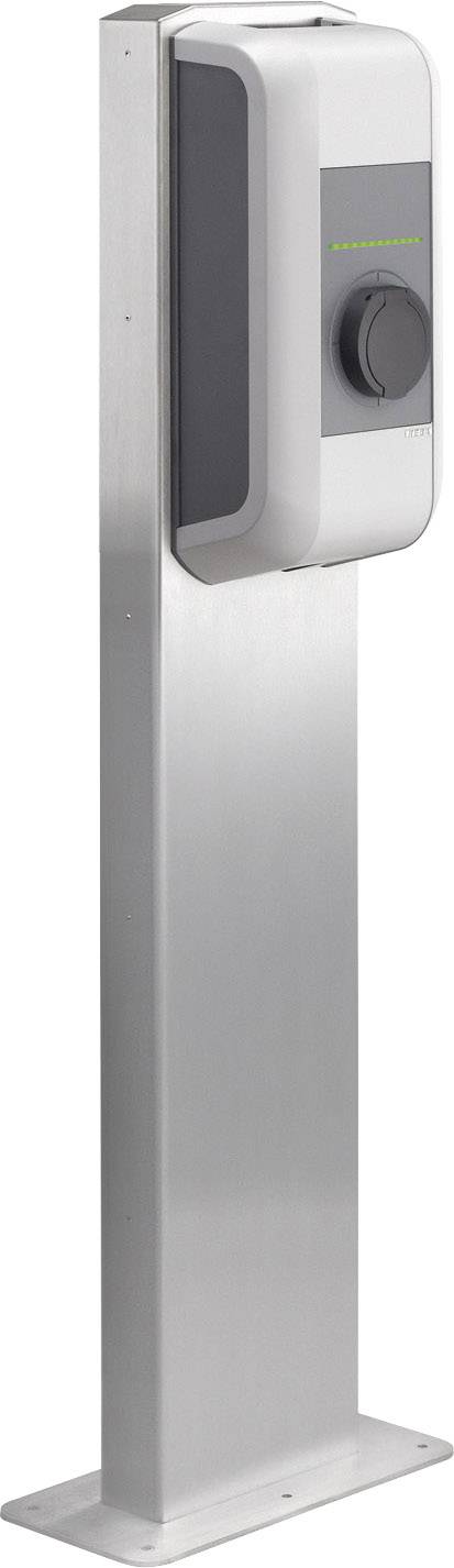 Silverfärgad laddstolpe för elfordon med rektangulärt hölje och ladduttag.