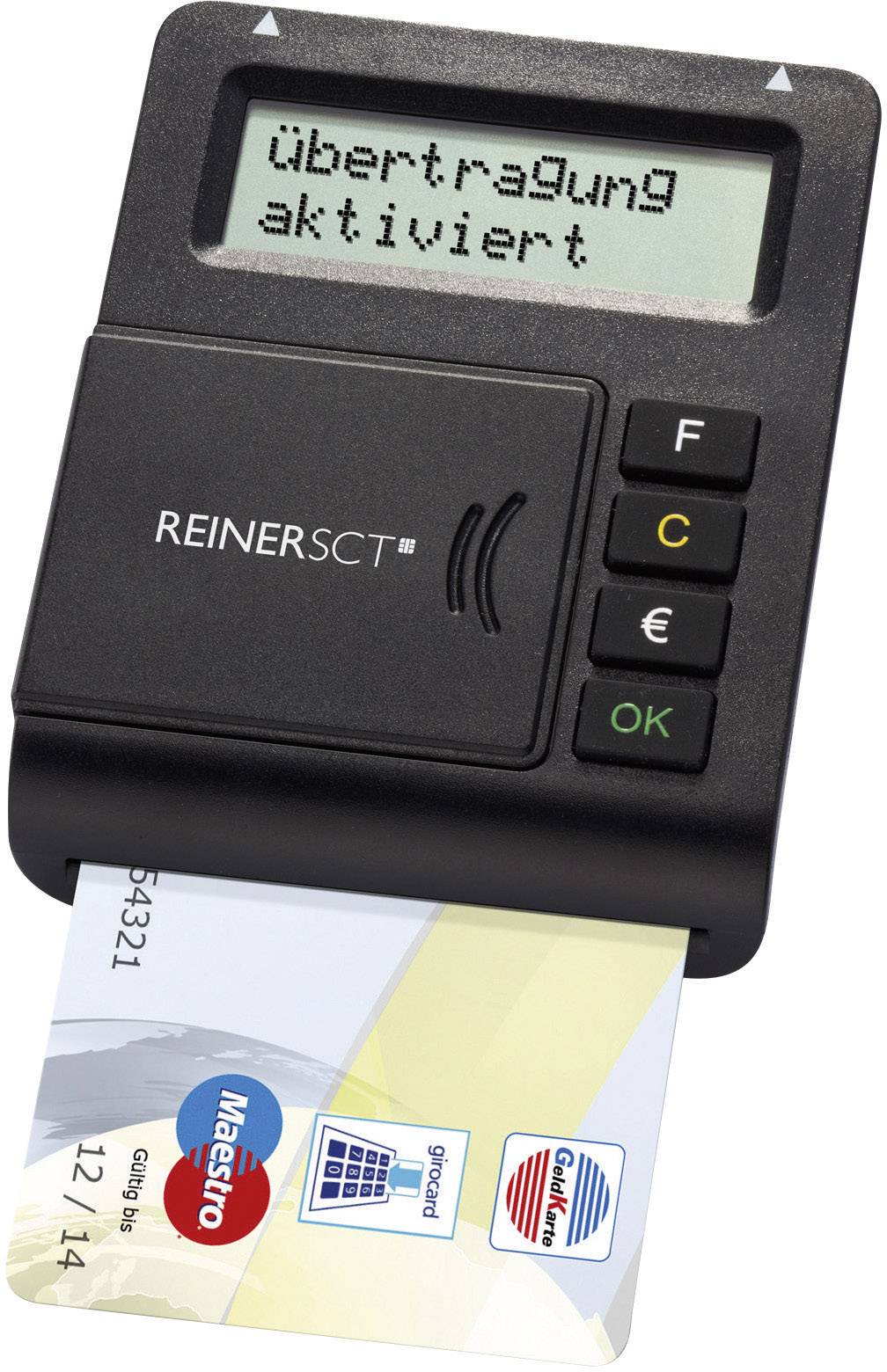 Elektroniskt kortläsare med ett kort, där displayen visar 'överföring aktiverad'. Huvudtangenter: F, C, EUR, OK.