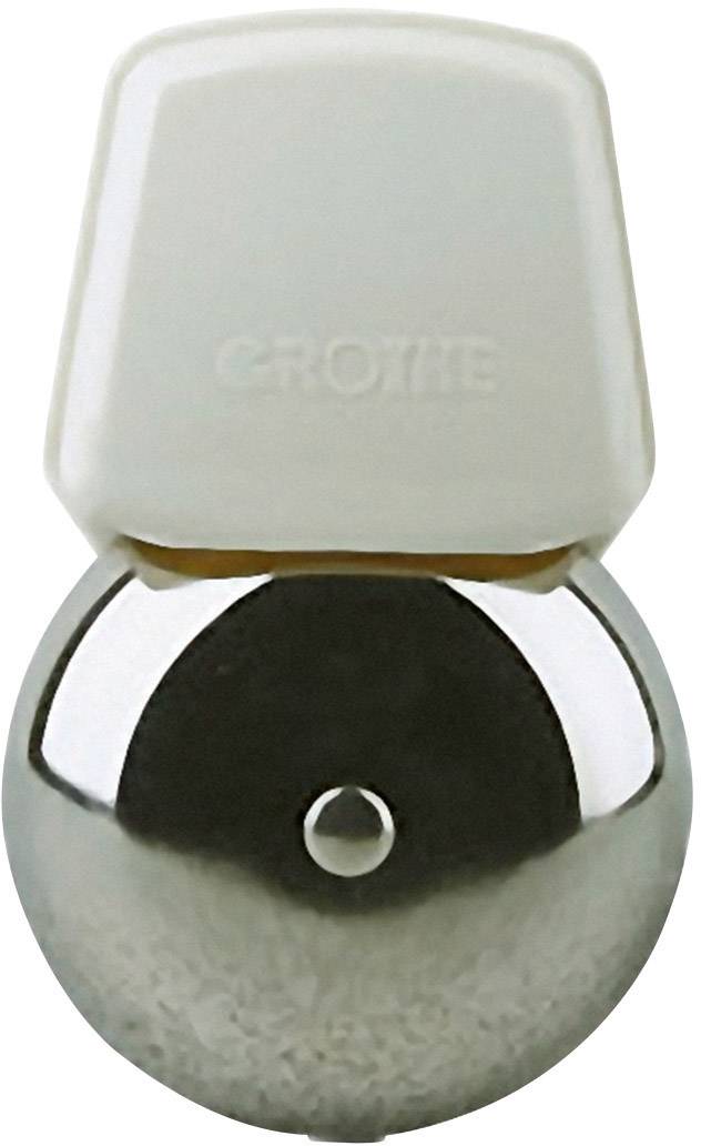 En silverfärgad kula med ett vitt, rektangulärt lock där det står 'GROHE'.
