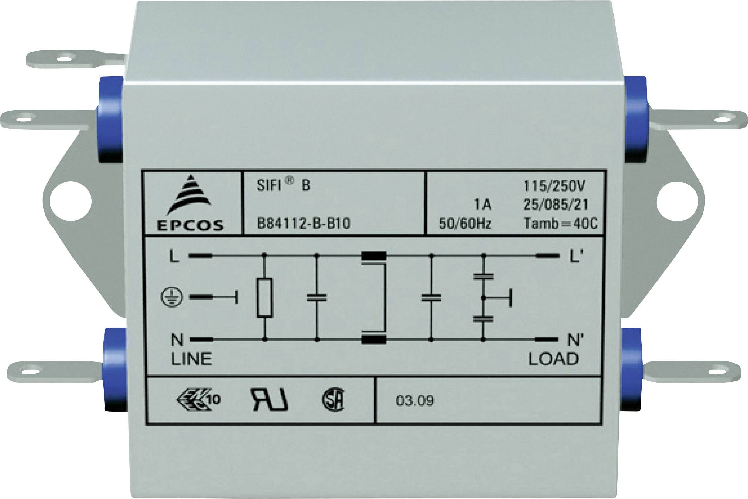 En rektangulär EMI-filter från EPCOS med anslutningar på båda sidor. Modellnummer B84112-B-B10, lämplig för 115/250V och 1A.