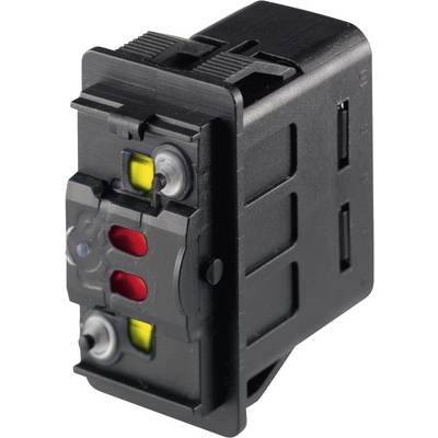 Svart elektronisk strömbrytare med röda och gula markeringar.