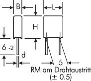 Teknisk ritning av en elektronisk komponent med mått: bredd (B), höjd (H), längd (L), diameter (d), rasteravstånd (RM) och trådutträde.