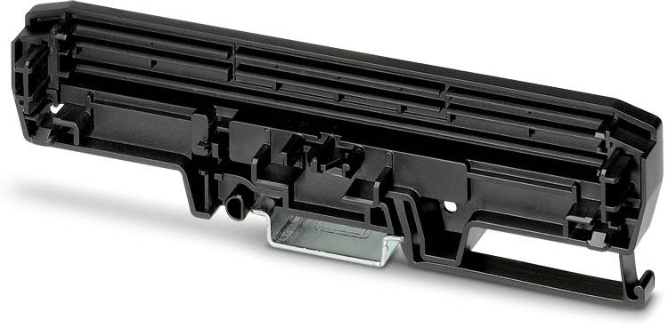 En svart plastkomponent med flera vertikala och horisontella balkar och en metallisk bas, sannolikt en teknisk apparatdel.