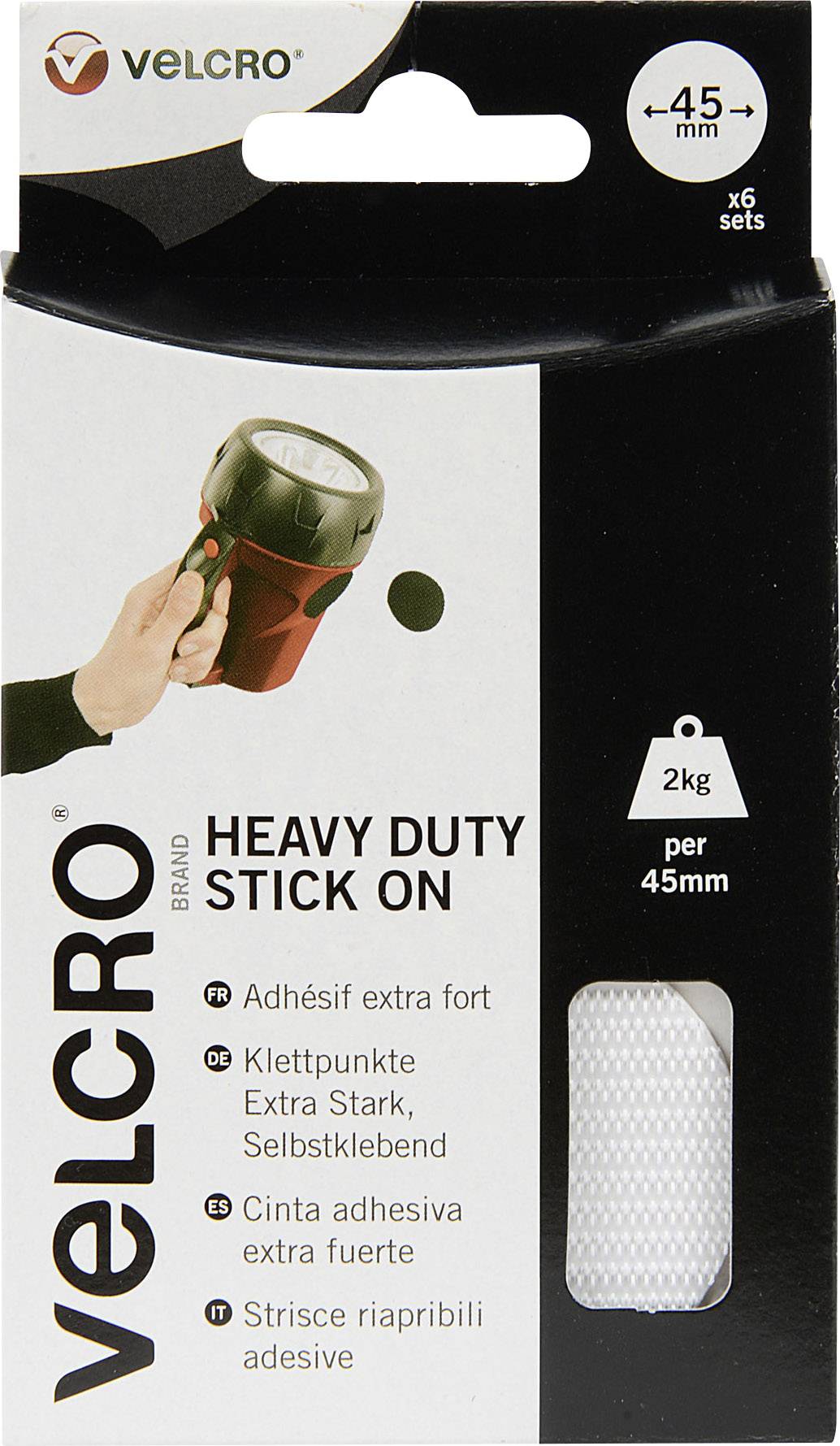 Förpackning till en VELCRO-varumärkets kardborreband med texten 'Heavy Duty Stick On'. En påklistrad punkt är markerad.