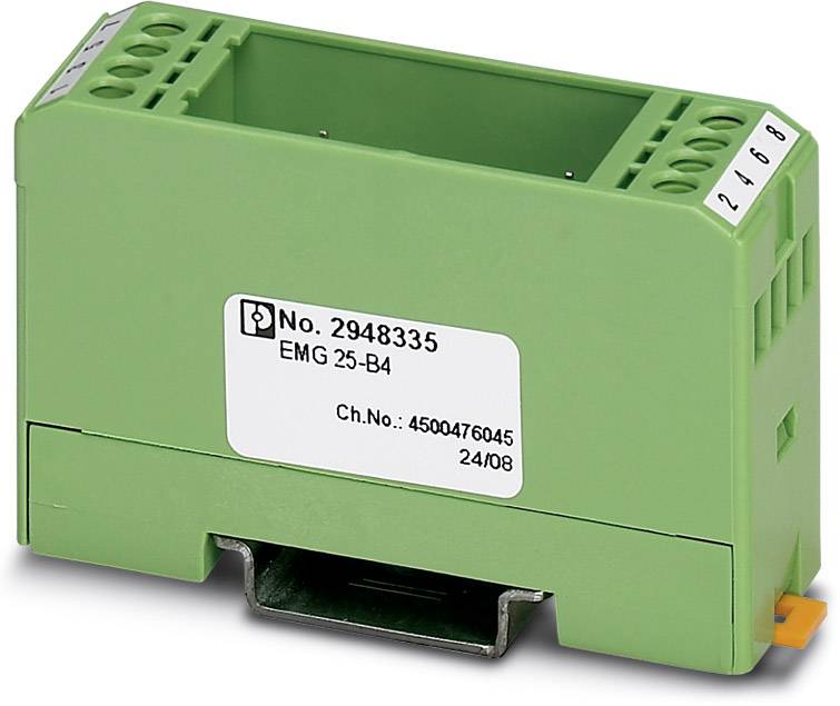 Grönt elektroniskt hölje för DIN-skenamontering, märkt 'Nr. 2948335 EMG 25-B4 Ch.Nr. 4500476045 24/08'.