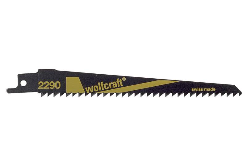 Ett svart sticksågsblad med gul 'wolfcraft' logotyp och texten 'swiss made'. Modellnummer 2290 är synlig.