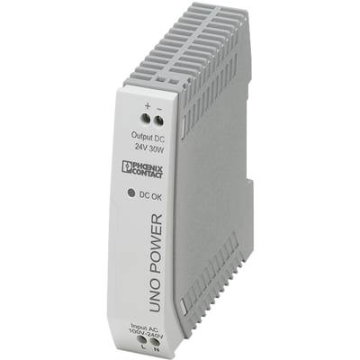 Ett grått nätaggregat 'UNO POWER' från Phoenix Contact. Det levererar en DC-utgång på 24V och 30W. Ingång AC 100V-240V.