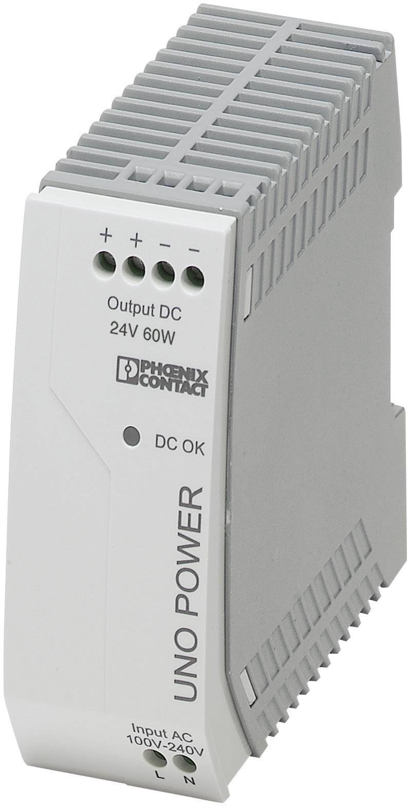 Industrinätadapter 'UNO POWER', ingång AC 100-240V, utgång DC 24V 60W, visar statuslampor och logotyper på framsidan.