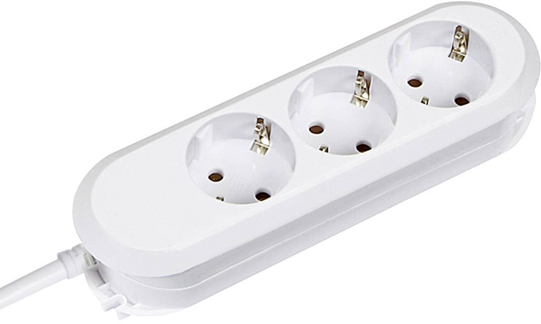 Vit trevägs grenuttag med kabel, lämplig för anslutning av flera elektroniska enheter.