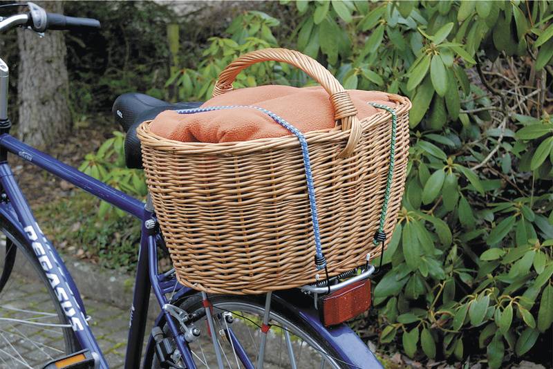En cykel med en flätat korg på pakethållaren. I korgen ligger en orange kudde. I bakgrunden syns växter.