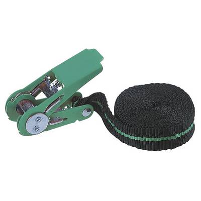 Grön spännrem med ratschmekanismoch svart remband, redo att säkra föremål. Perfekt för transport och förvaring.
