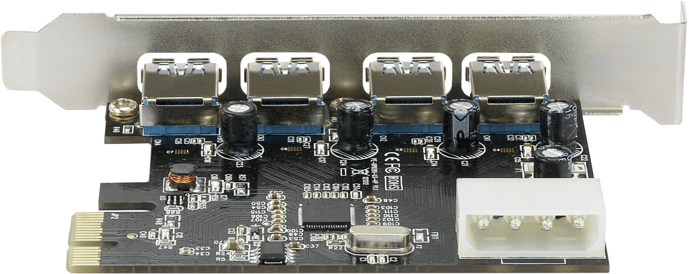 Fyra-ports USB-expansionskort för datorer, med kortplatssockel upptill, möjliggör ytterligare USB-anslutningar, horisontell orientering.