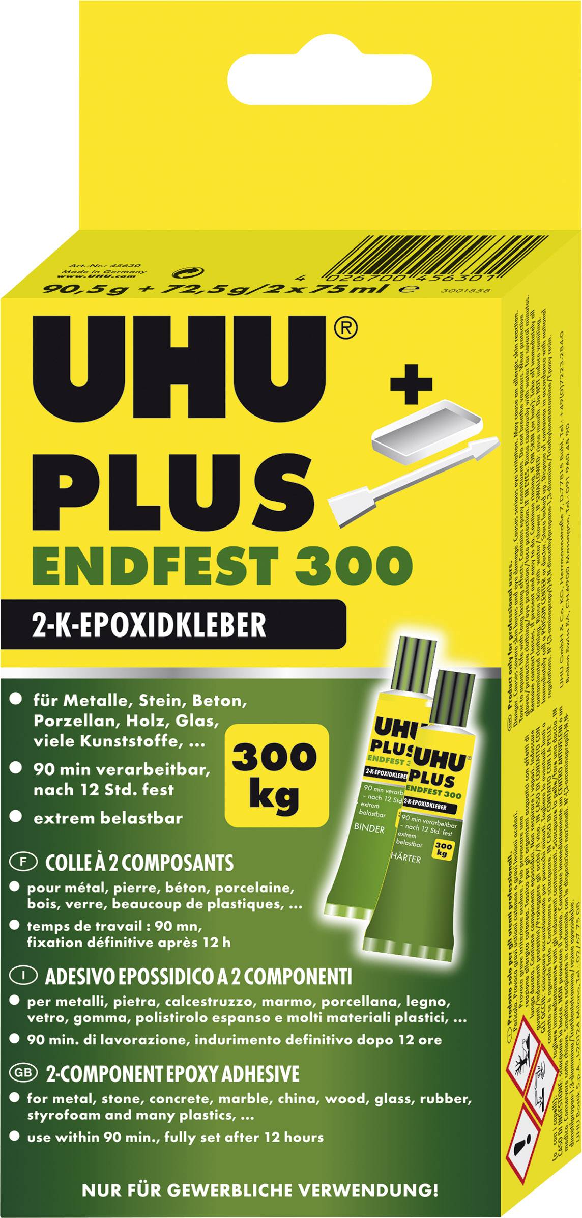 Förpackning för UHU Plus Endfest 300-limmet, visar två tuber. Användbar för metall, sten, betong. Kan bära upp till 300 kg.