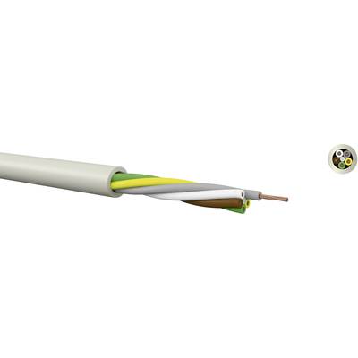 En flertrådig kabel med brun, blå, gul-grön och grå isolering. Används för strömöverföring i elektriska installationer.