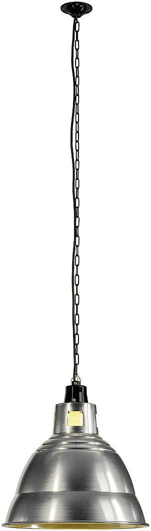 Hängande taklampa i metall i silver, upphängd i en svart kedja. Perfekt för industriella eller moderna inredningsstilar.