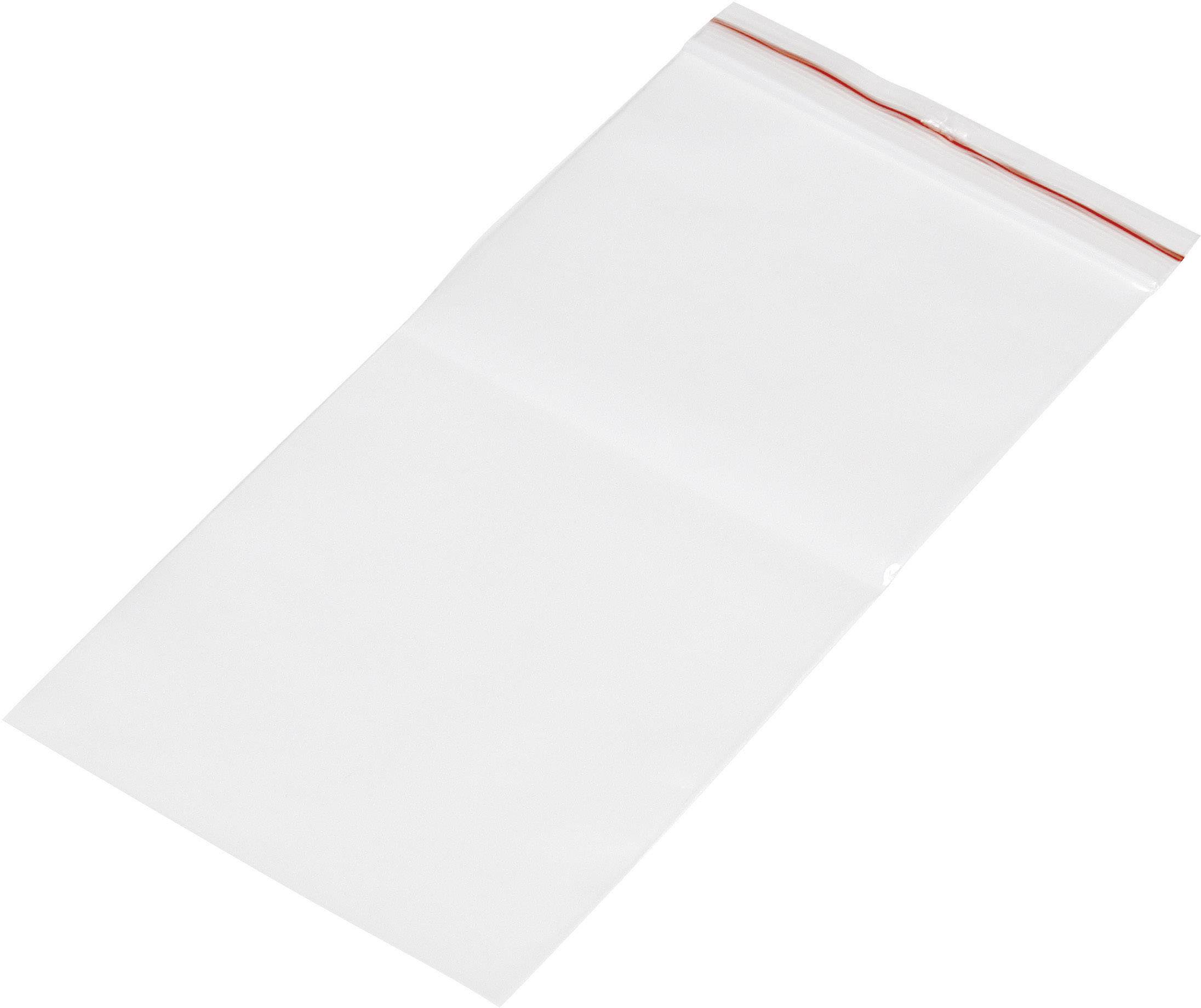 Genomskinlig plastpåse med röd förseglingslist längst upp. Perfekt för förvaring av små föremål eller livsmedel.
