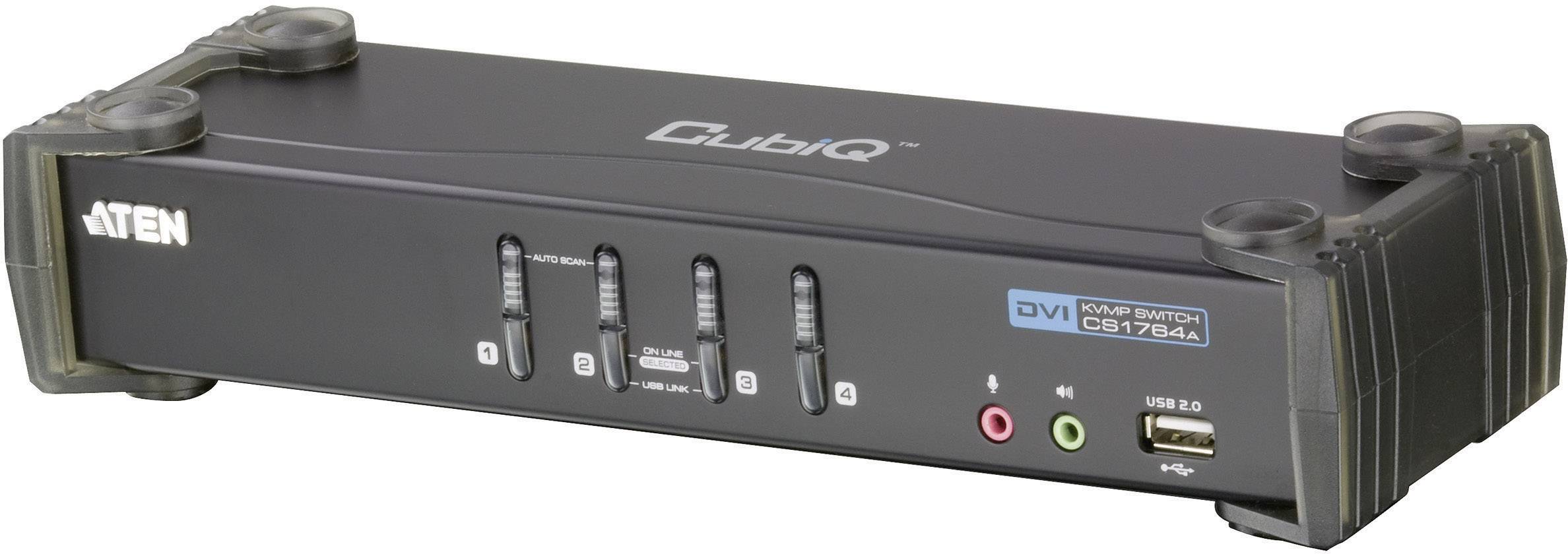 En KVM-switch från Aten med fyra omkopplarknappar för styrning av flera datorer från en konsol, modellbeteckning CS1764, anslutningar synliga.