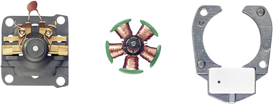 Tre motordelskomponenter: till vänster en borstaghållare, i mitten en ankarspole med koppartrådsvarv, till höger en metallram för fastsättning.