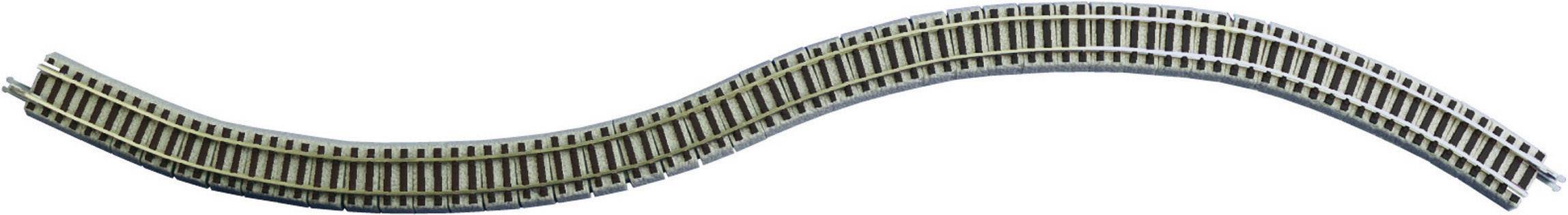 En böjd modelljärnvägsskena i vågform, med realistisk struktur och mörka slipers. Lämplig för modellbygge.