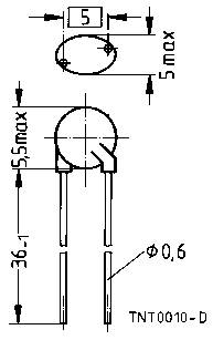 Teknisk ritning av en elektronisk komponent med mått: höjd 36,1 mm, diameter 5 mm, pinndiameter 0,6 mm.