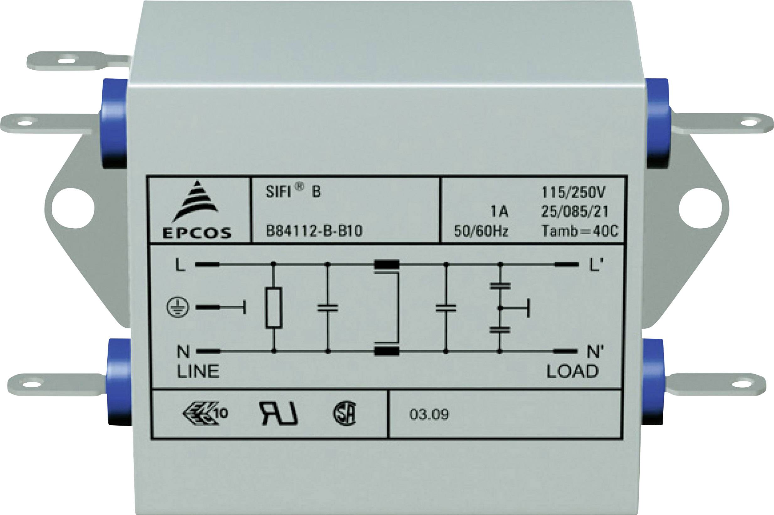 En rektangulär elektrisk komponent. Trycket visar märket EPCOS och tekniska uppgifter: '115/250V', '1A', '50/60Hz'. Symboler för anslutningar.
