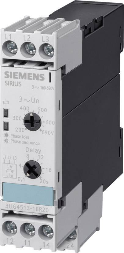 Bilden visar ett elektriskt övervakningsrelä från Siemens. Det har vred för inställning av fasfölj och fördröjning.