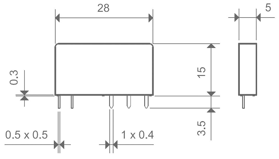 Dimensioner för en elektronisk komponent: bredd 28 mm, höjd 15 mm, med anslutningsstift 0,5 x 0,5 mm och 1 x 0,4 mm.