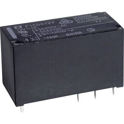 Svart elektroniskt relä med modellnummer 'F1CD012V', spänningsspecifikationer på 12V-DC och 5A/250V-AC, med fyra stift.