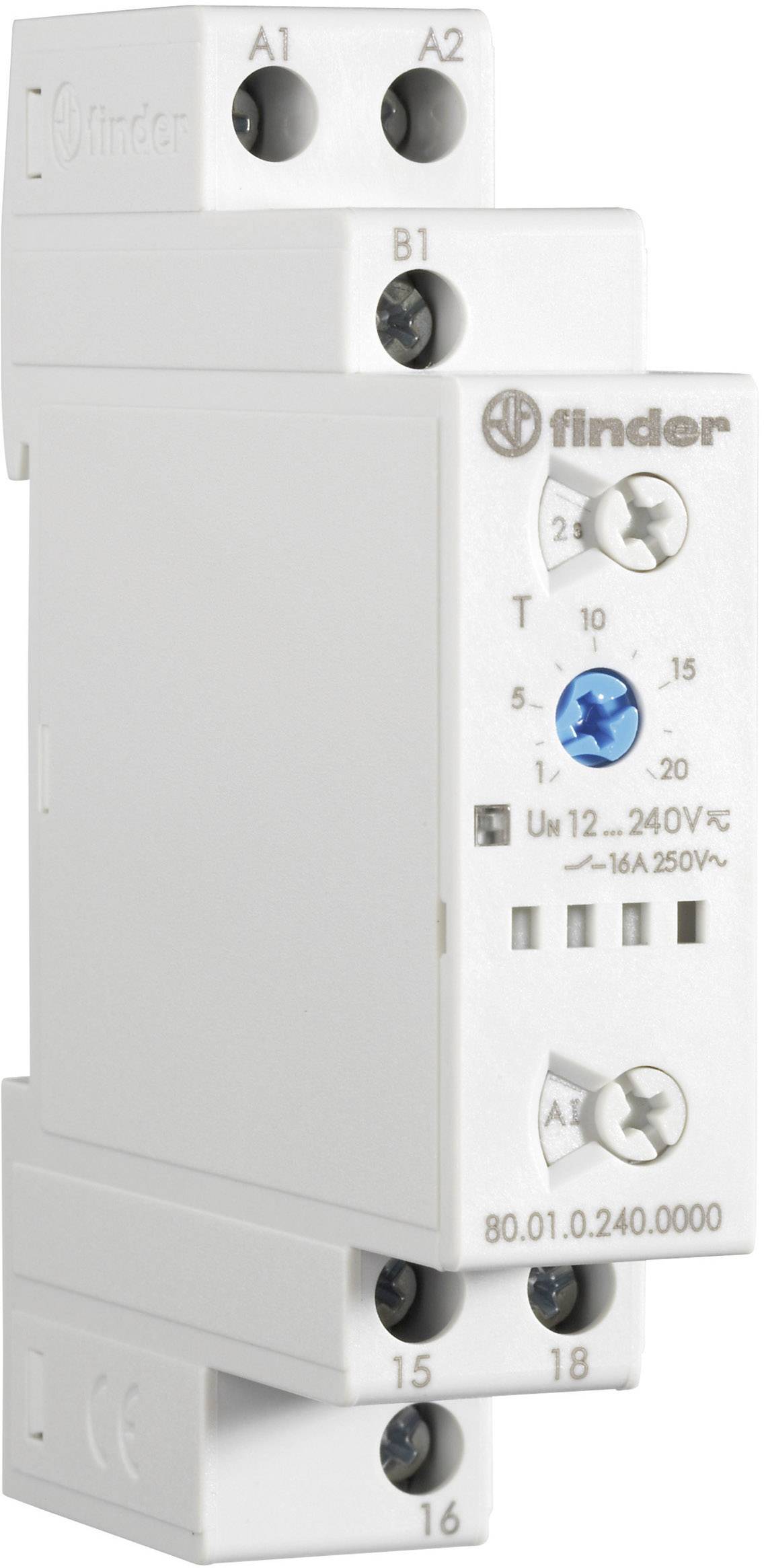 Ett vitt relämodul från Finder för DIN-skensmontering, med blå inställningsskruv och skruvkontakter märkta A1, A2, B1 samt 15, 16, 18.