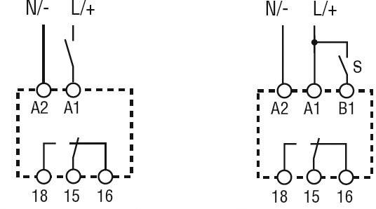 Kopplingsschema med två switchar: Till vänster en enkel switch med kontakter A1, A2, 18, 15, 16. Till höger en switch med ytterligare kontakt B1.