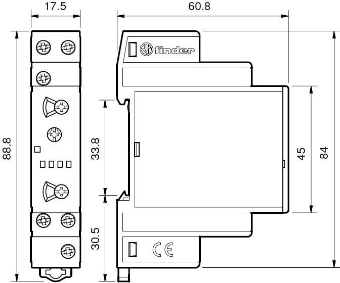 Ett diagram visar måtten för en elektrisk apparat i millimeter: Höjd 88,8, Bredd 17,5, Djup 60,8. Tillverkare 'Finder'.