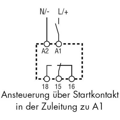 'N/-', 'L/+' ovanför; nedanför A1 A2 förbundna, 15 till 18, 16 inte förbunden. Text: 'Styrning via startkontakt i tillledningen till A1'.