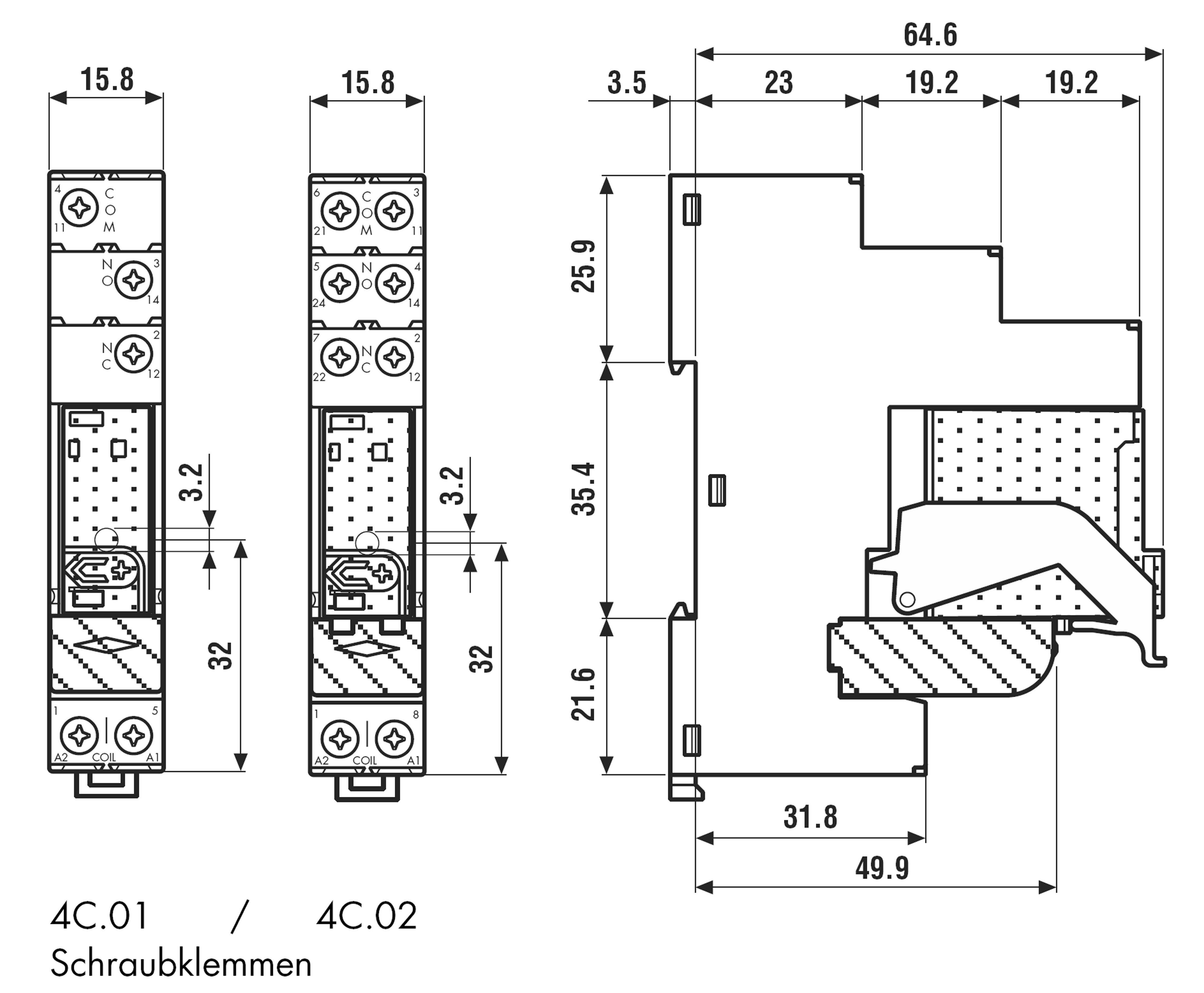 Teknisk ritning av skruvklämmor 4C.01/4C.02 med detaljerade dimensioner.