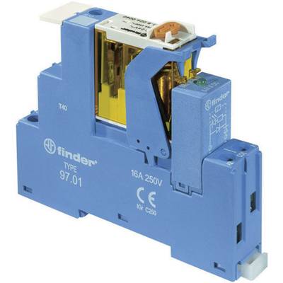 Blå Relä-Switch, Typ 97.01 från Finder, 16A 250V. Visar hölje-design och elektriska specifikationer för industriella tillämpningar.
