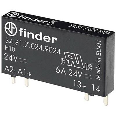 'Rektangulärt elektriskt relä från Finder med modellnummer 34.81.7.024.9024, spänning 24V, utgångar 6A 24V. Tillverkat i EU.'
