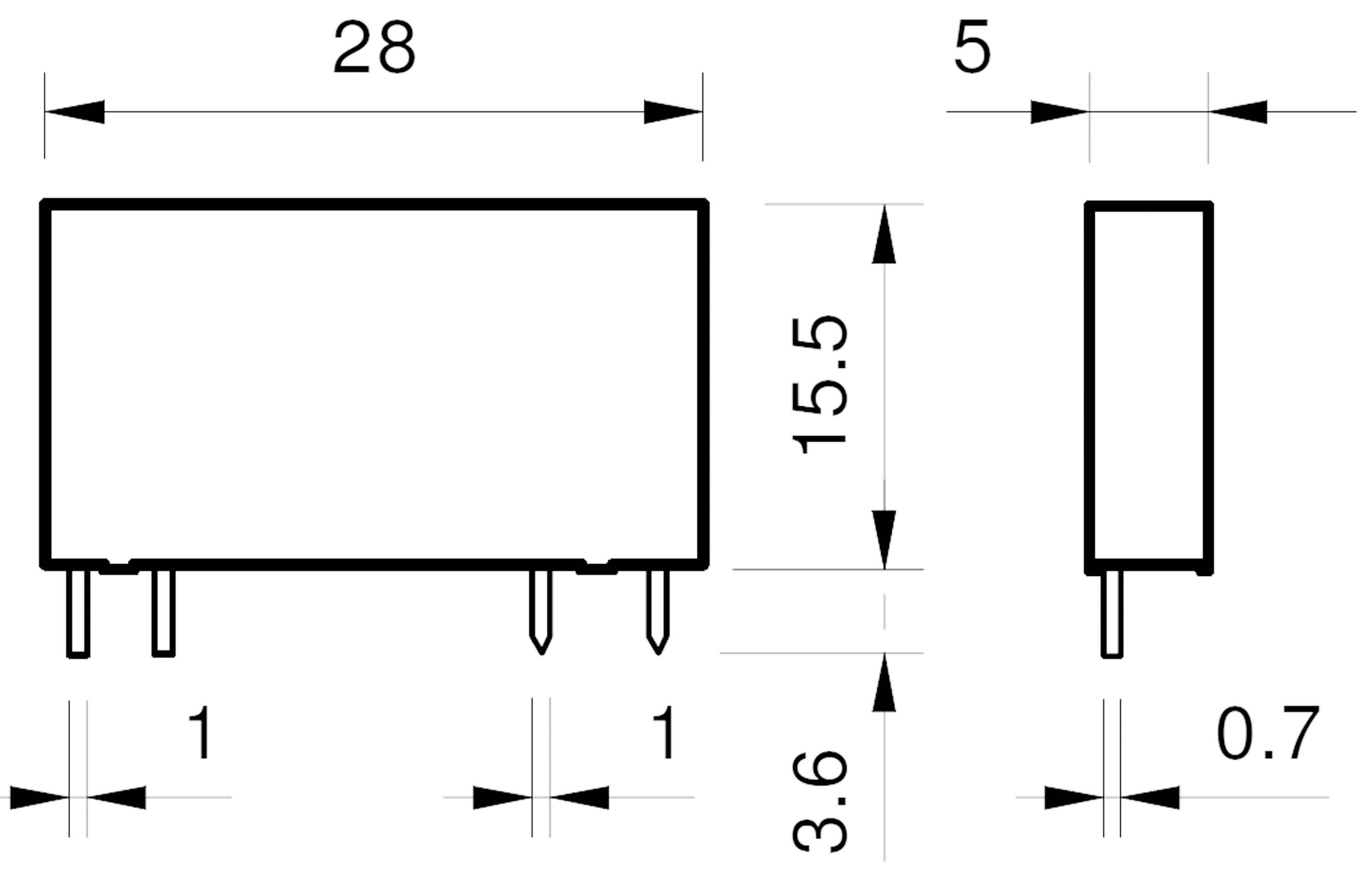 Rektangulärt elektroniskt komponenter med mått: Längd 28 mm, höjd 15,5 mm, bredd 5 mm. Benens längd 3,6 mm, benens avstånd 1 mm.