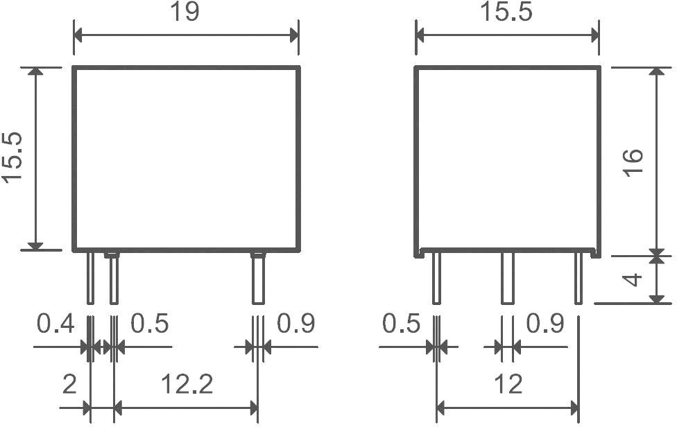 Teknisk ritning av två elektroniska komponenter med dimensionsangivelser i millimeter, inklusive bredd, höjd och pinnars avstånd.