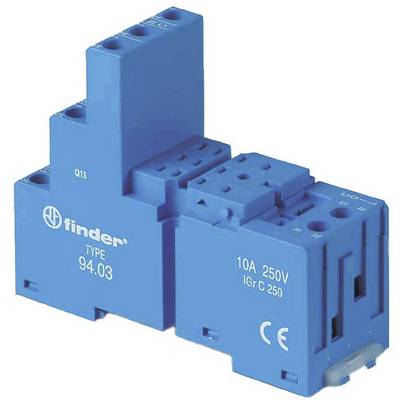Ett blått relämodul från Finder, typ 94.03, med specifikation 10A 250V.