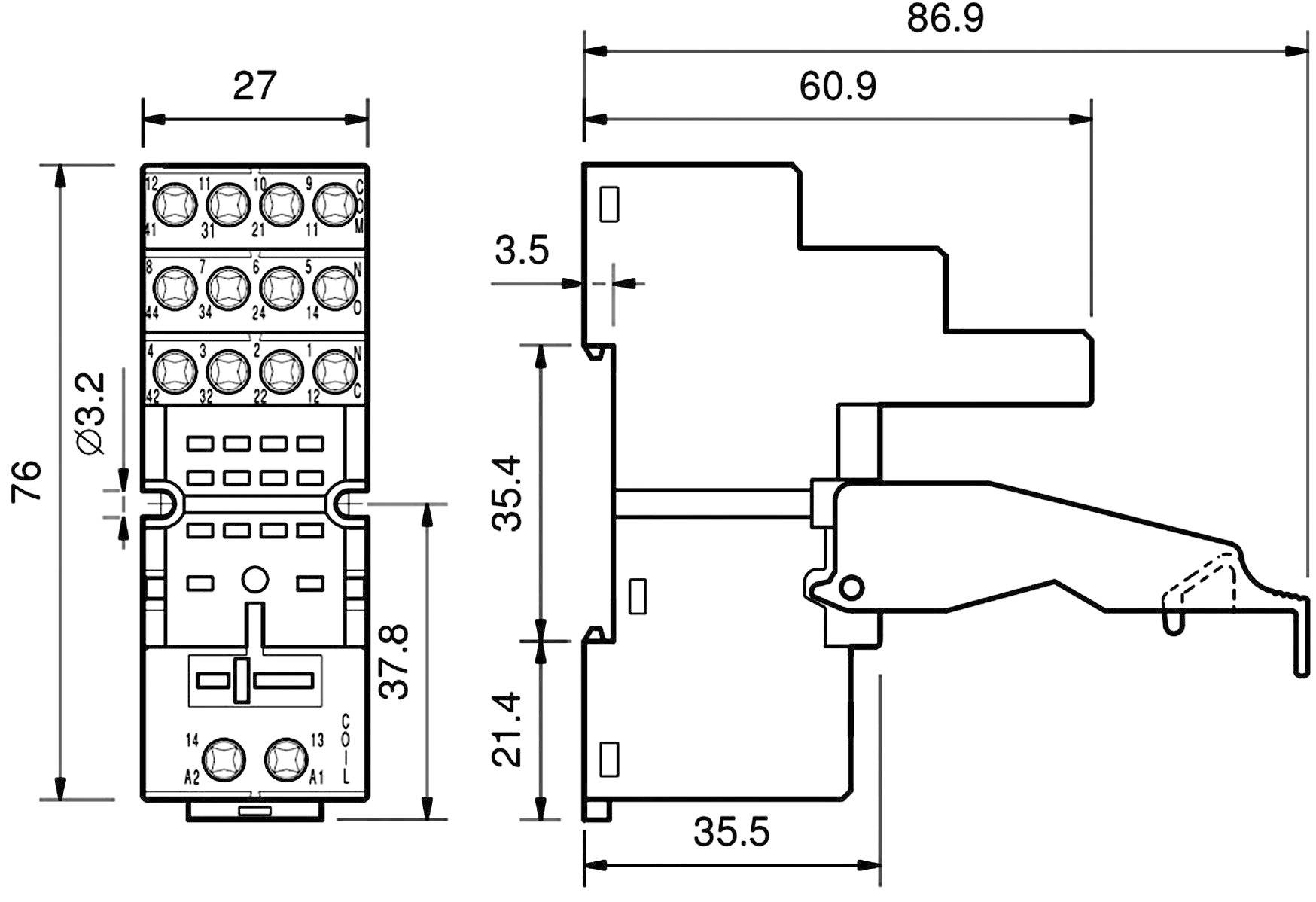 Teknisk ritning av en elektrisk reläsockel med mått: Höjd 76 mm, bredd 27 mm, djup 86,9 mm. Detaljerade måttangivelser.
