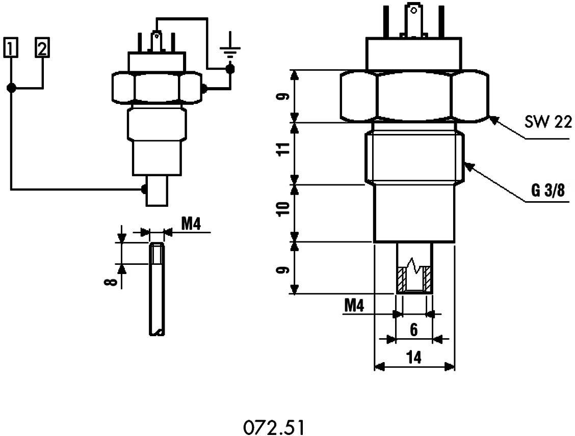 Diagram över en elektrisk sensor med tekniska specifikationer, inklusive dimensioner i millimeter och kablanslutningar.