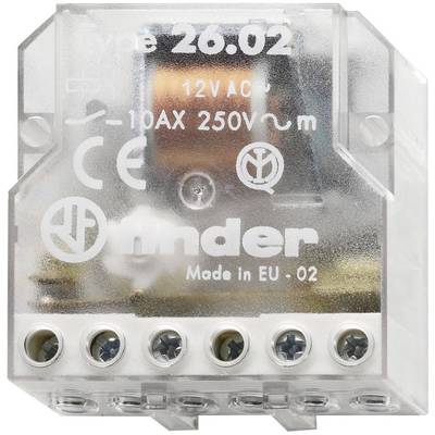 Transparent elektrisk komponent med texten 'Finder 26.02', '12V AC', '10AX 250V' och 'Made in EU', med anslutningar nedtill.