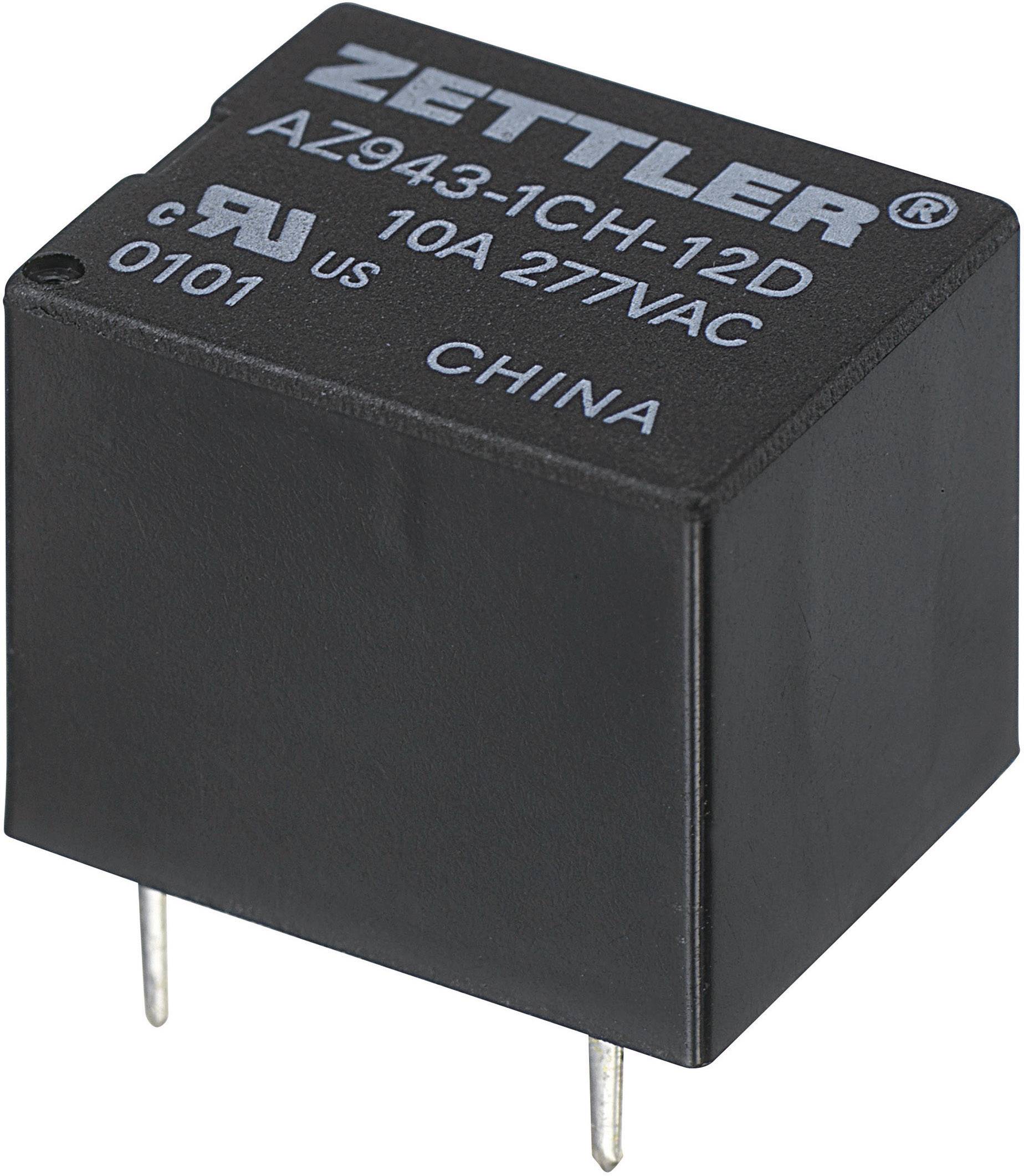 Ett svart reläe med påskriften 'Zettler AZ943-1CH-12D, 10A 277VAC, Kina'.