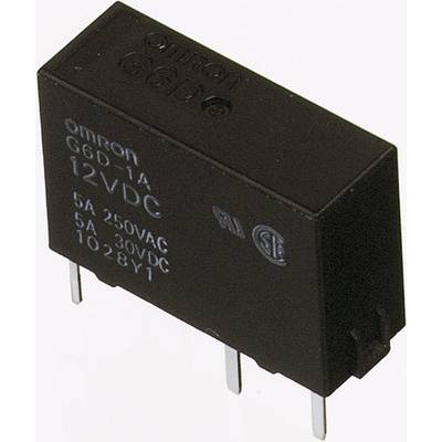 Svart relä med påskriften 'Omron G6D 12VDC', visar tekniska specifikationer. Elektronisk komponent med tre metallstift.