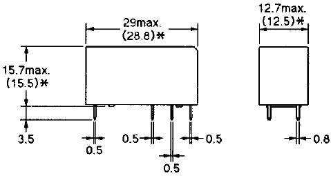 Illustration av en elektronisk komponent med specifika dimensioner: bredd, höjd och stiftlängder angivna i millimeter.