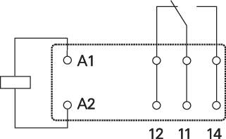 Diagram över en elektrisk switch med anslutningarna A1, A2, 11, 12 och 14, sammanlänkade genom linjer som representerar kretsen.