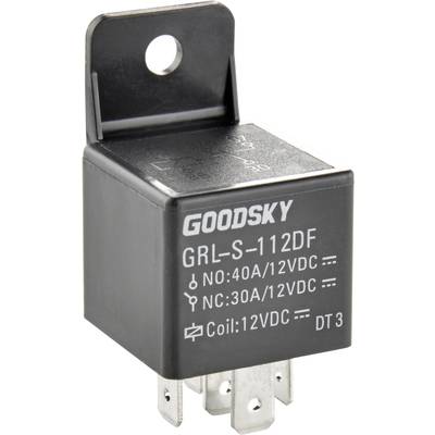 Ett svart relä från GOODSKY, modell GRL-S-112DF, med specifikationer för spänning (12VDC) och strömstyrka (30A/40A), har metallanslutningar.