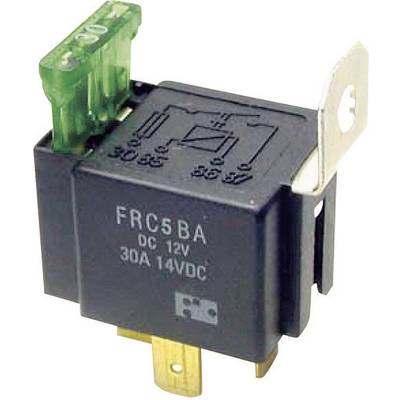 Ett 12V-relä med FRC5BA-märkning och integrerad 30A-säkring. Lämplig för elektroniska kretsar i fordon.
